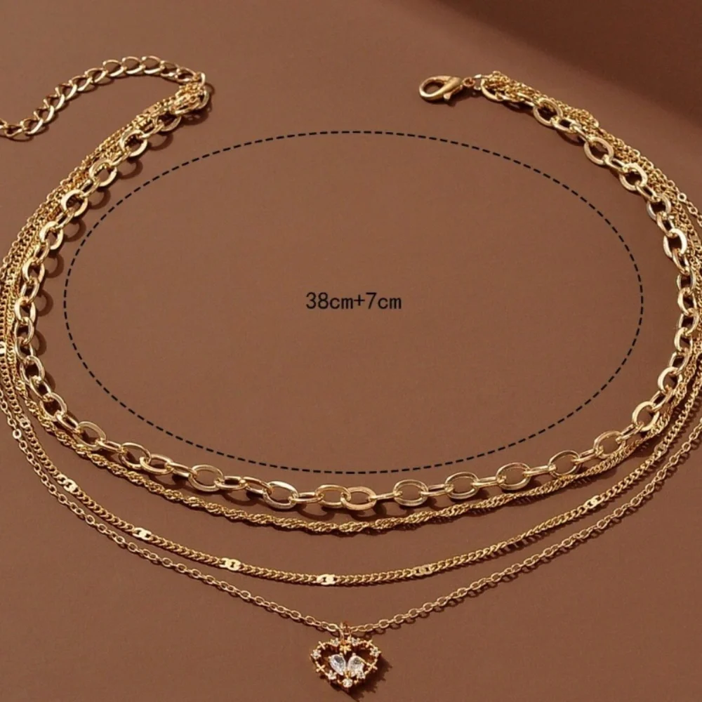 Heart Charm Layered Necklace Copper Jewelry - Zirconia Stones - One hook for all - Picture 2 of 6